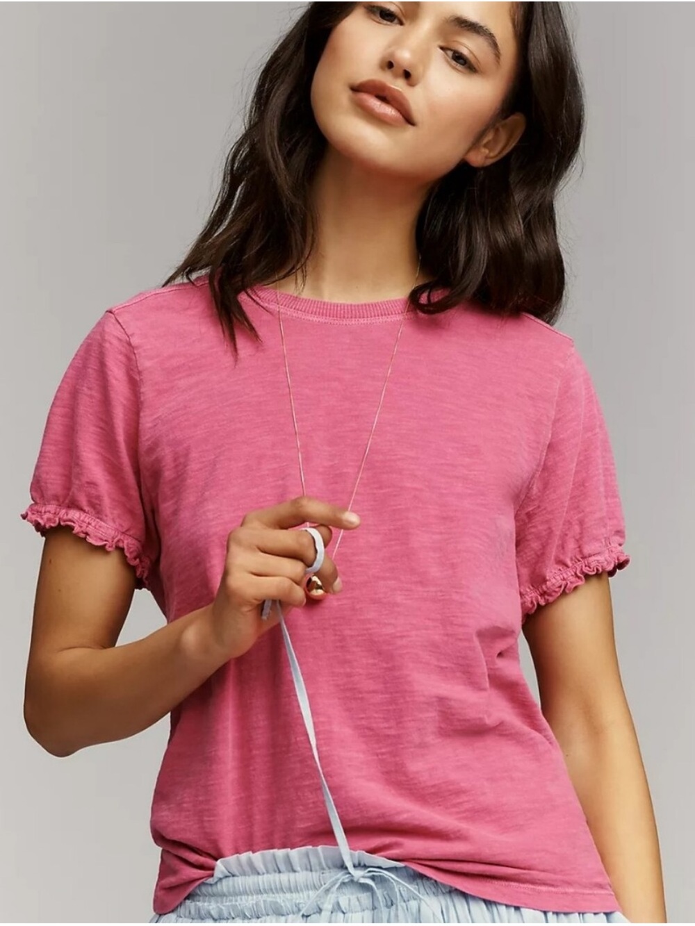 Anthropologie Pilcro Bennie Cotton Slub Short Ruffle Sleeve Tee Pink Size Medium